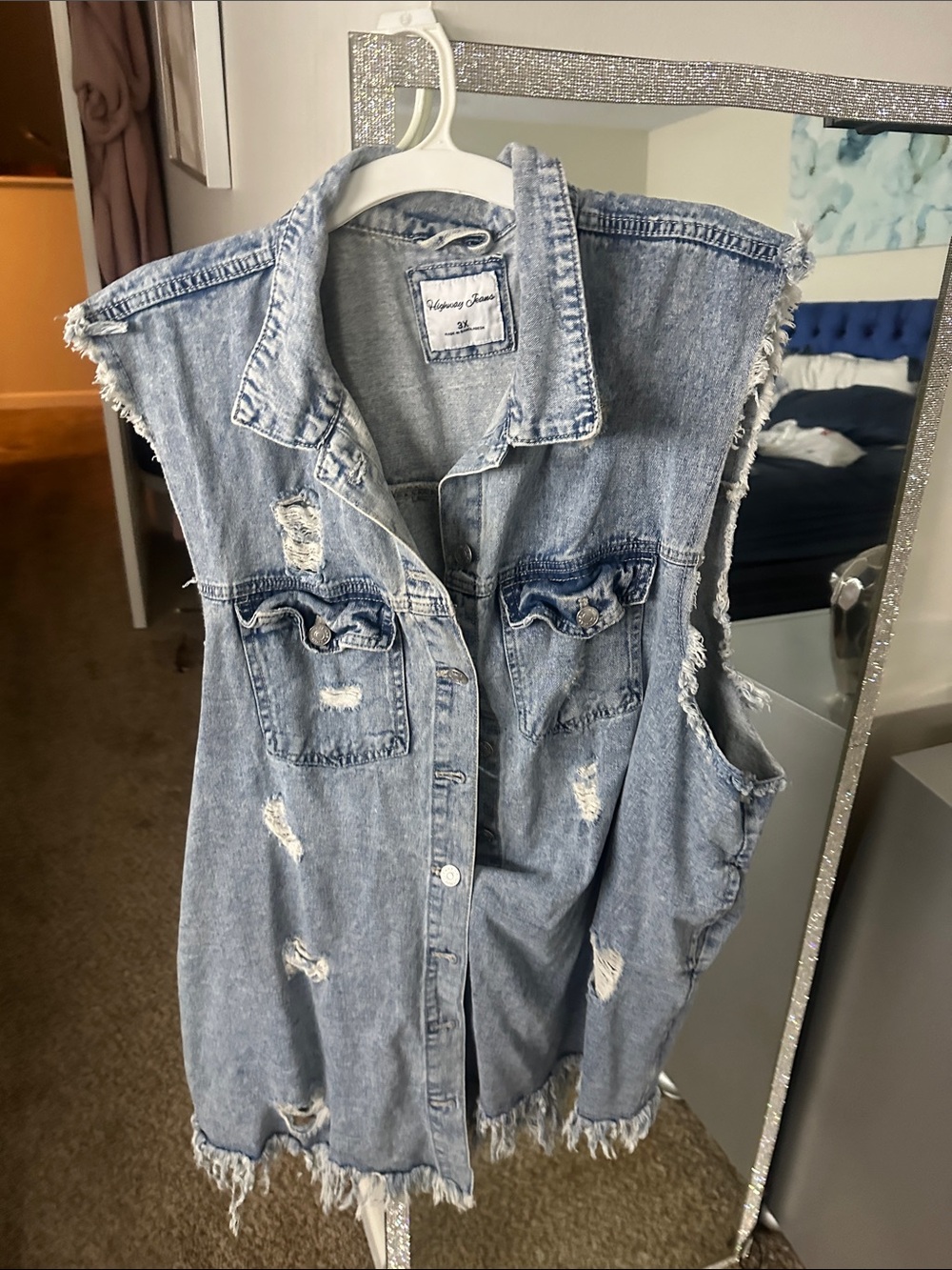 Light Blue Distressed Denim Sleeveless Jacket - Unknown Brand